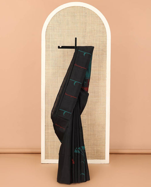 Borderless black floral buttas resham thread woven soft silk saree, self-pallu of mayil kann designs