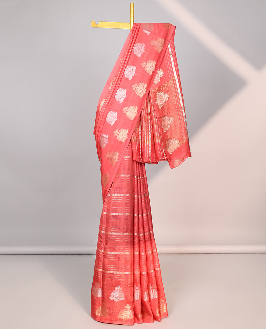 pink striped mushru silk saree se;f floral motifs border & striped zari pallu