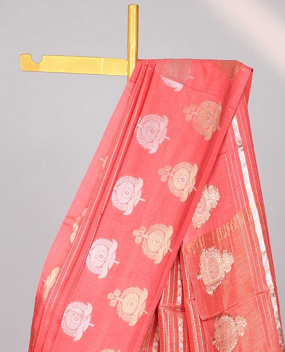 pink striped mushru silk saree se;f floral motifs border & striped zari pallu