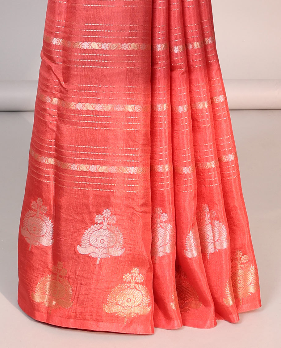 pink striped mushru silk saree se;f floral motifs border & striped zari pallu