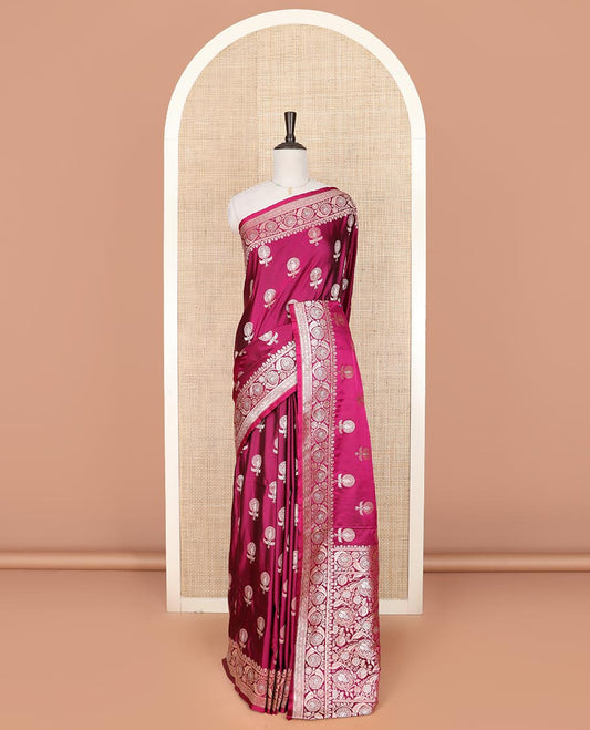 Wine zari buttas mushru silk saree, floral creeper design border, and intricately designed pallu