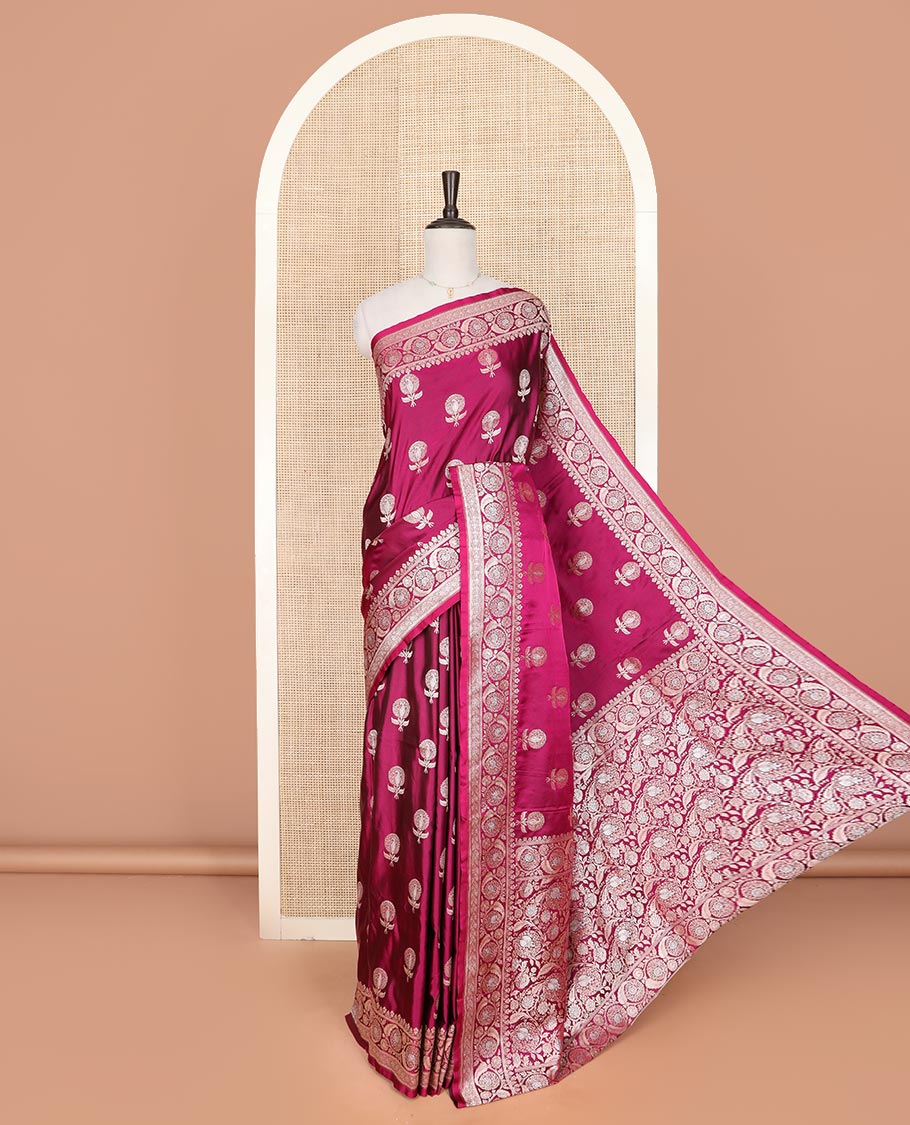 Wine zari buttas mushru silk saree, floral creeper design border, and intricately designed pallu