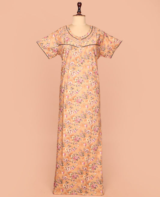 Orange Cotton Nighty Decked Up with Floral Print, Featuring Lace Work, Round Front Neck, and Half  Sleeves