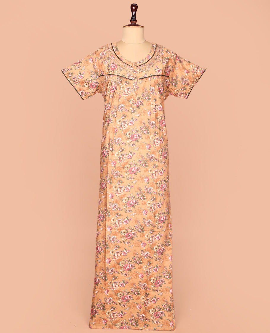 Orange Cotton Nighty Decked Up with Floral Print, Featuring Lace Work, Round Front Neck, and Half  Sleeves
