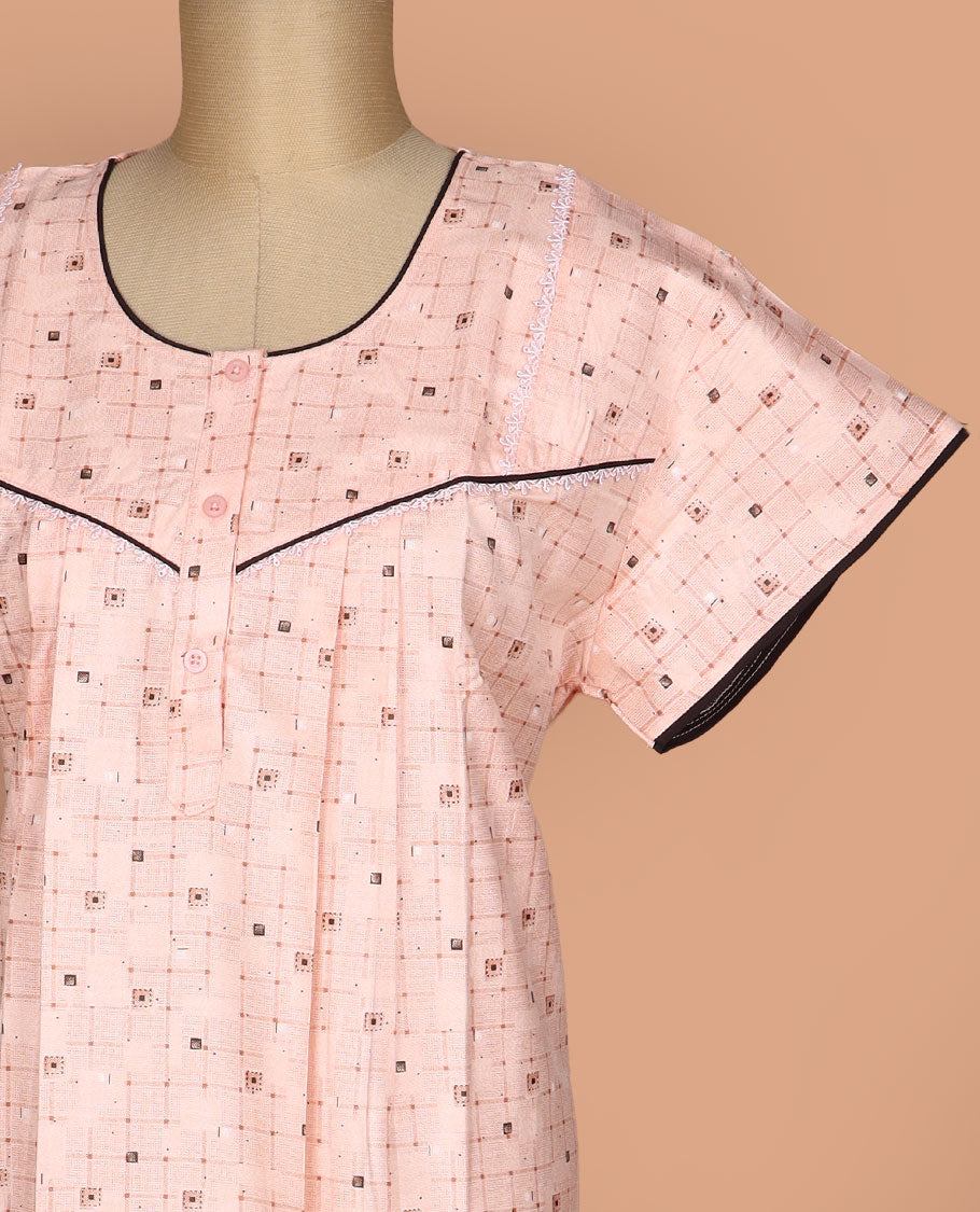 Peach geometric printed with round neck lace work, half-sleeve nighty