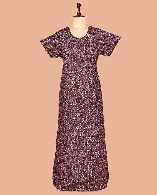 Maroon Floral Print Cotton-Blended Nighty