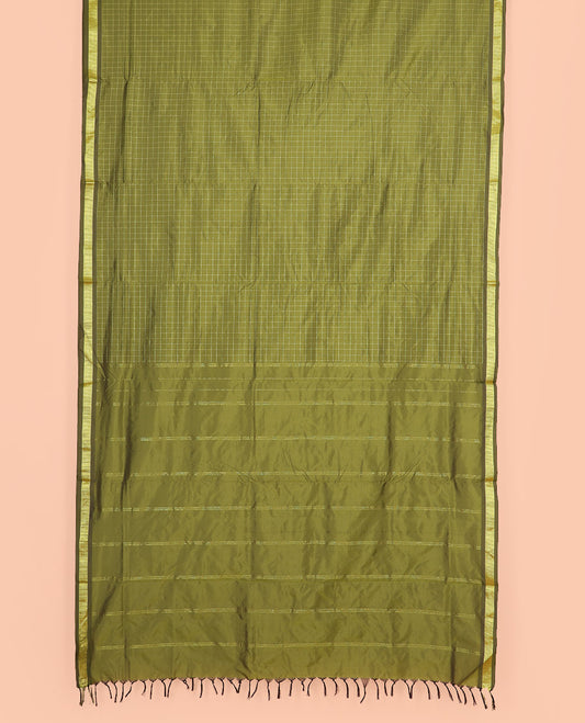 Olive Green Ten-Yard Art Silk Saree Decorated with Micro-Checks, Subtly Sparkled with Traditional Zari Border,  and Pallu of Zari Stripes