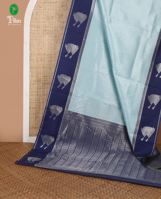 Light blue zari deepam, brocade weaving design kanchi silk saree with contrast zari sparrow design border & rich pallu along with brocade blouse