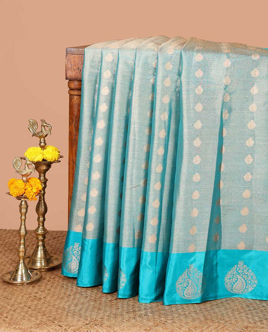 Rama blue zari butta design banaras tissue saree with butta border & rich brocade pallu along with running blouse