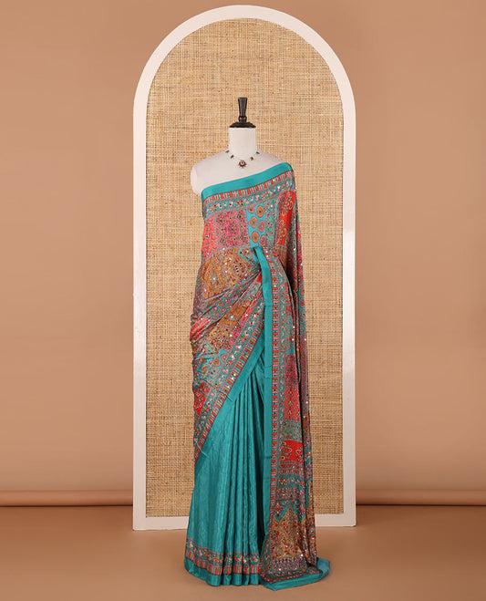 Multi-color geometric printed, mirror work masakali saree with printed, mirror work border & printed pallu along with plain blouse