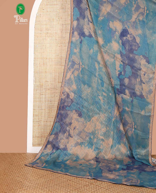 Blue cloud design digital printed sitara shimmer saree with lace border & self pallu along with printed blouse