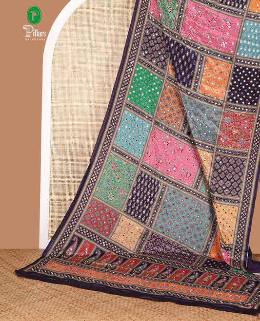 Multi-color geometric design masakali saree with printed, mirror work border & printed, mirror work pallu along with plain blouse
