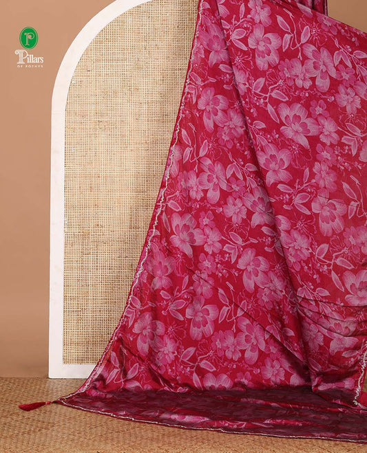Rani pink floral design digital printed Barbie doll chiffon saree, jarkan stone work border, and printed blouse