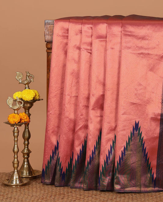 Onion pink plain tissue silksaree, contrast gold zari temple border, zari-rich traditional pallu, zari design blouse