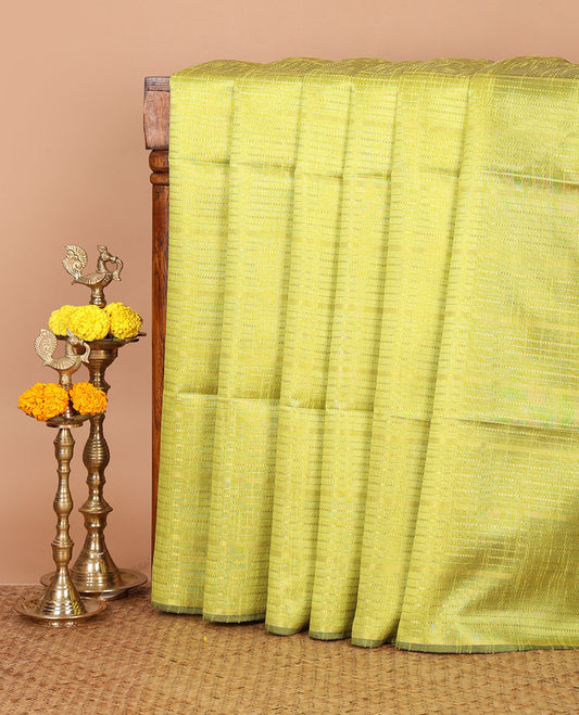 Borderless liril green horizontal zari striped semi-raw silk saree, striped pallu & contrast plain blouse