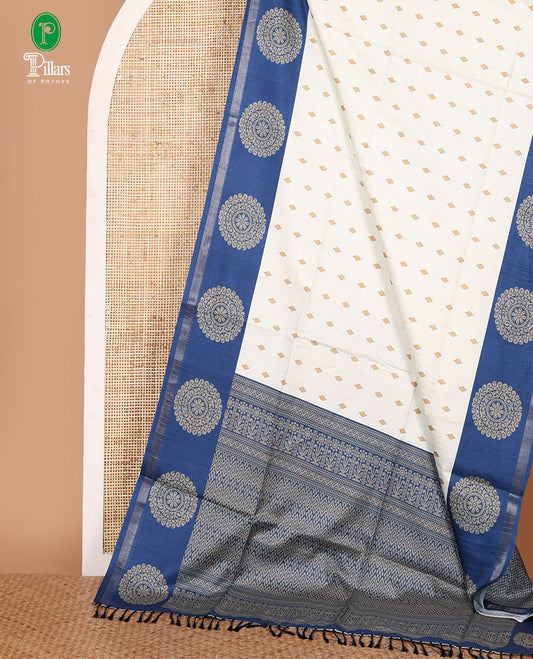 Half-white stripes & thread buttas Kathan silk saree, contrast chakram motif border, jaal print pallu & contrast jaal print blouse