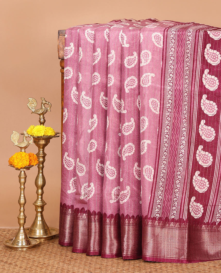 Onion pink zari striped & batik-paisley dola silk saree,contrast traditional zari border,printed pallu & zari striped & butta print blouse