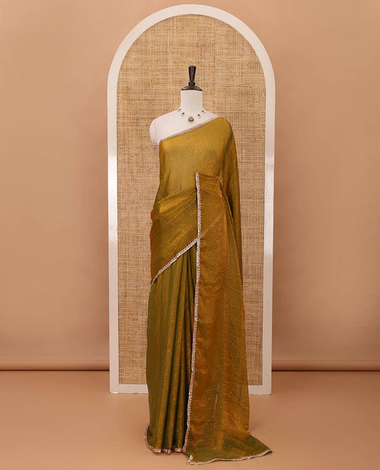 Mehendi green Swarovski stone work embedded fendy-chiffon saree, scallop lace border & floral mixed embroidered blouse