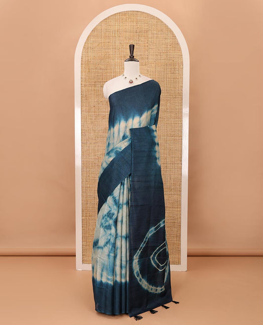 Borderless Indigo blue shibori-printed jute tussar silk saree, contrast shibori-printed pallu & contrast blouse