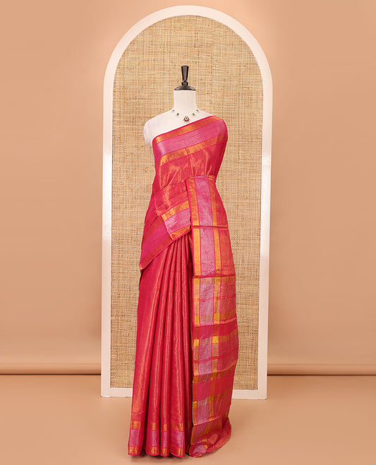 Pink gold zari tissue-style sungudi cotton saree, silver-lined border, silver-lined pallu & matching striped pink blouse