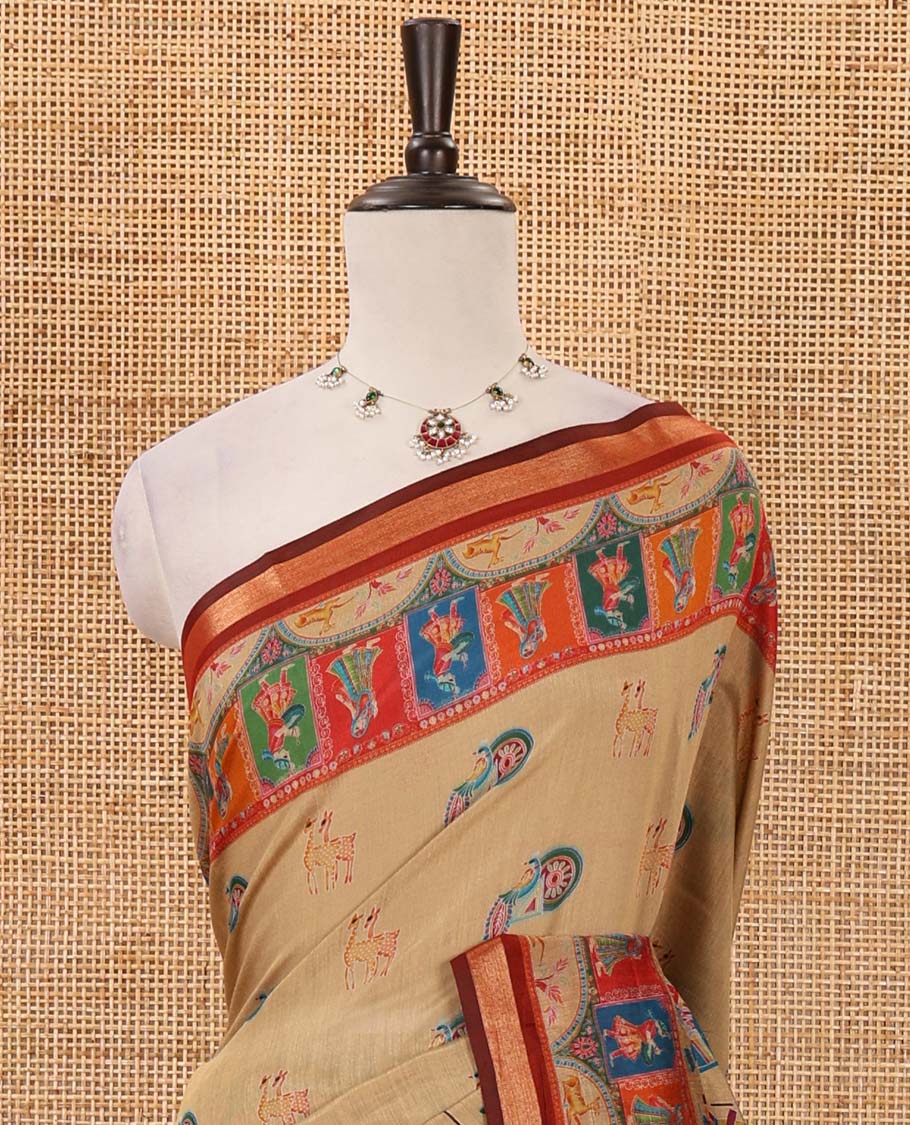 Chikku-color animal & Mughal human motifs position printed viscose muslin saree,contrast zari border & Mughal-style print pallu & contrast print blouse