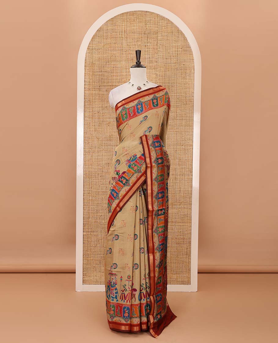 Chikku-color animal & Mughal human motifs position printed viscose muslin saree,contrast zari border & Mughal-style print pallu & contrast print blouse