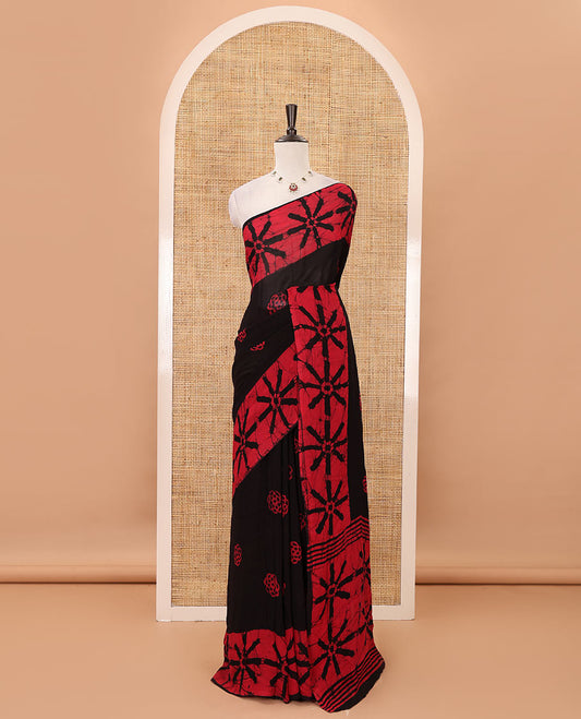 Black handblock wax batik printed georgette saree, star-like motifs handblock wax batik printed border & pallu & matching printed blouse