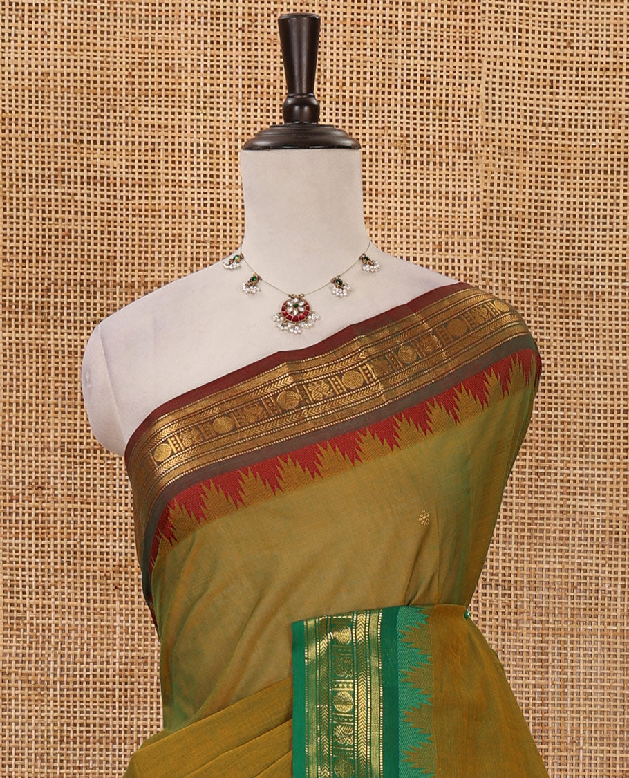 Mehendi green zari buttas Chettinad cotton saree, contrast Ganga Jamuna temple traditional zari border, striped pallu & matching blouse
