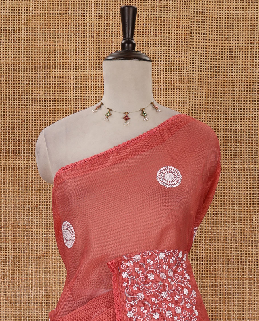 Pink plain & chikankari embroidered kota check saree, lace border, embroidered self-pallu & plain blouse