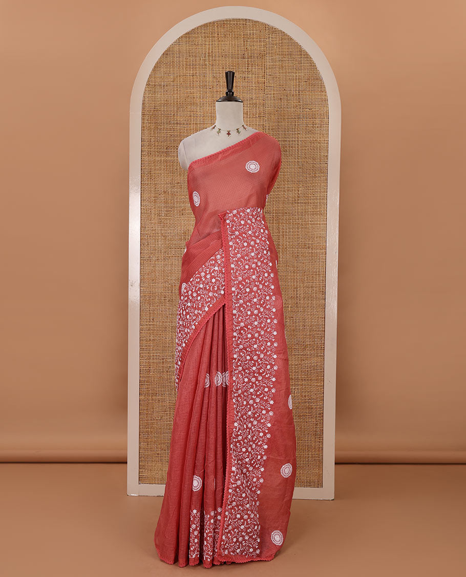 Pink plain & chikankari embroidered kota check saree, lace border, embroidered self-pallu & plain blouse