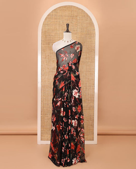 Borderless black-red all-over floral printed brasso chiffon saree with embossed diamond butta blouse