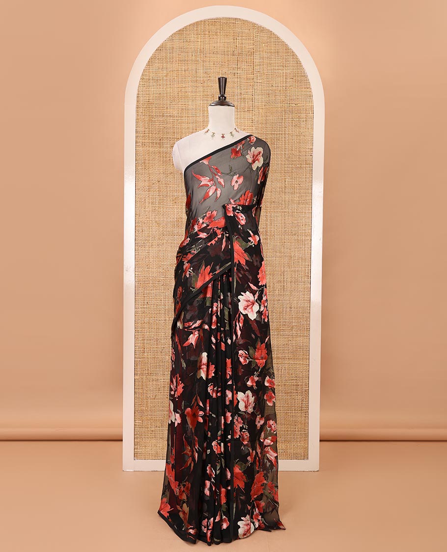 Borderless black-red all-over floral printed brasso chiffon saree with embossed diamond butta blouse