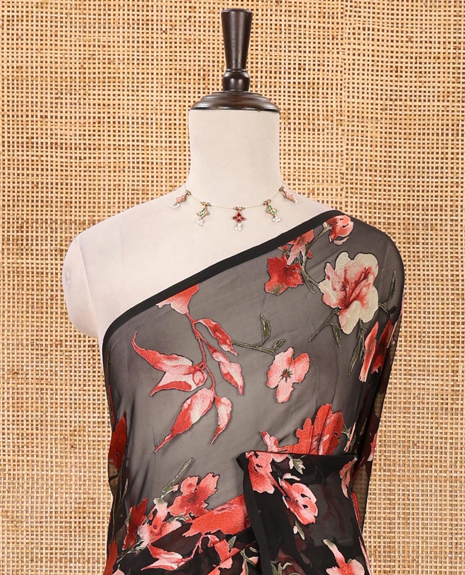 Borderless black-red all-over floral printed brasso chiffon saree with embossed diamond butta blouse
