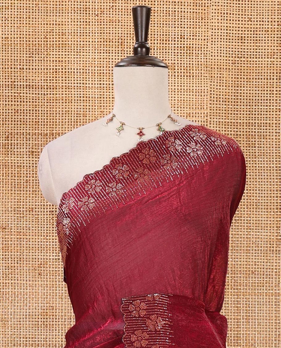 Purple full-plain Fendy satin saree, scallop floral micro-stone embroidered border, self-pallu & contrast stone work blouse