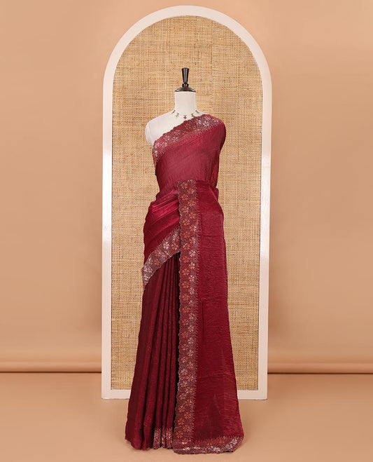 Purple full-plain Fendy satin saree, scallop floral micro-stone embroidered border, self-pallu & contrast stone work blouse