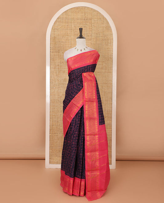 Navy blue Tamil letters printed Sungudi cotton saree, contrast traditional zari temple border, striped pallu & contrast plain blouse