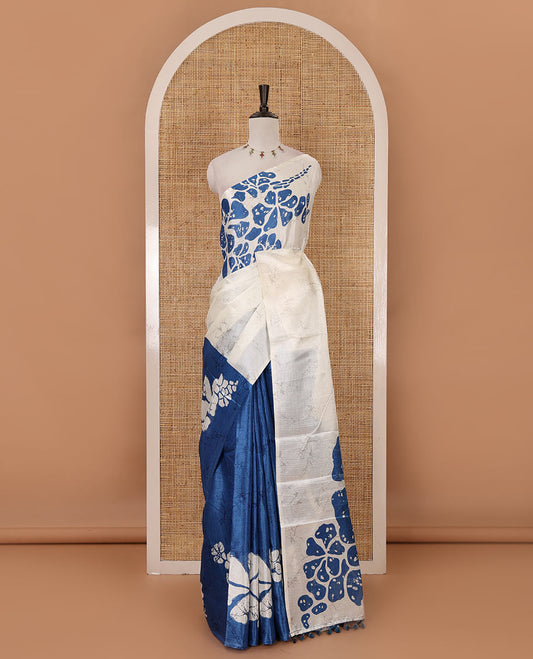 Borderless white-blue batik-style floral big printed khadi cotton saree, purple batik printed blouse
