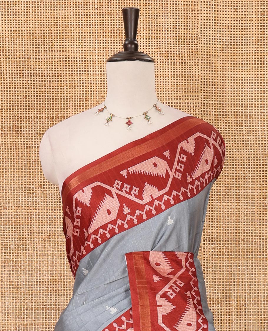 Grey temple buttas katan silk saree, contrast border & pallu of jamdani-style motifs & diamond motifs printed contrast blouse