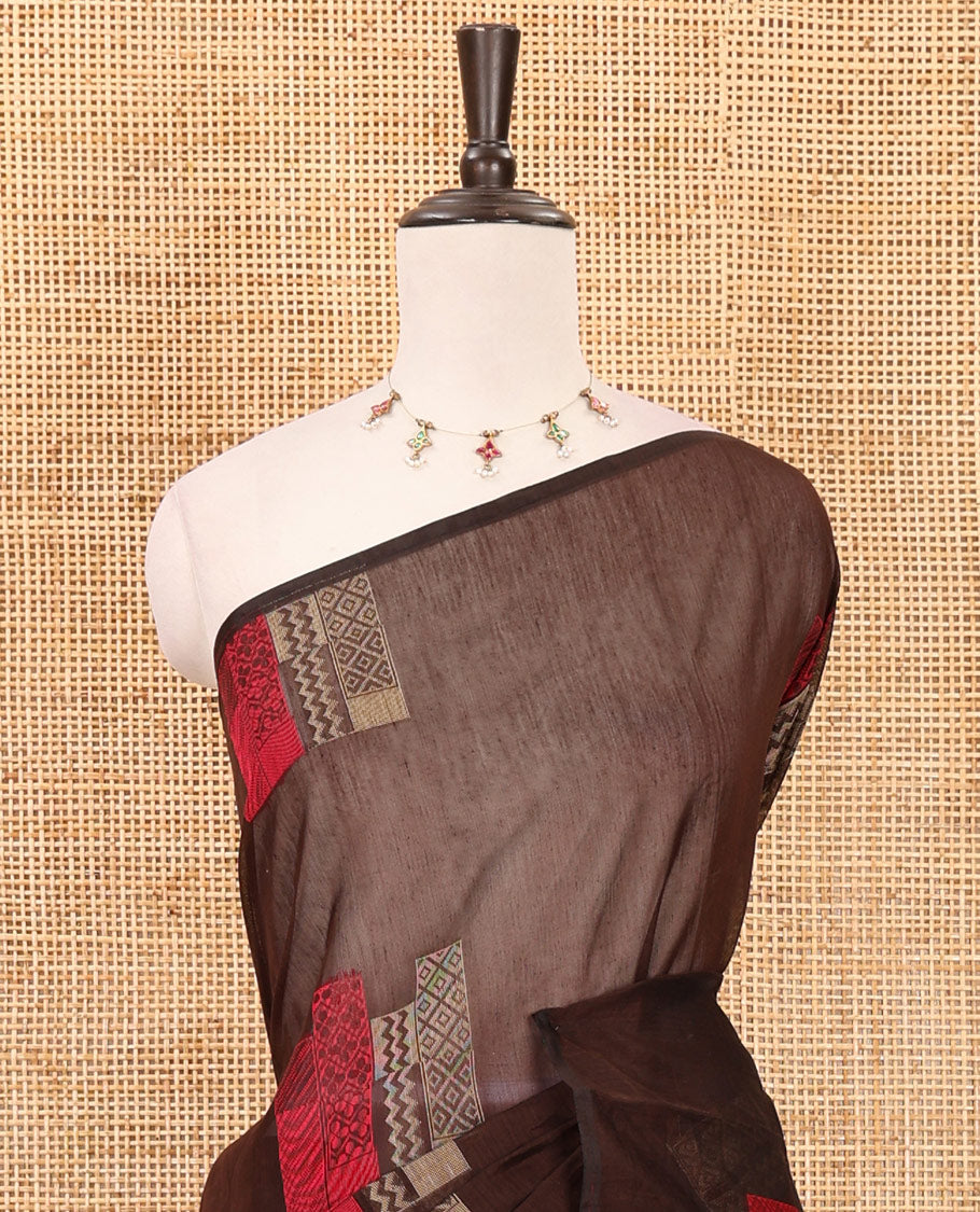 Borderless brown geometric-patterned buttas kota cotton saree, jaal-patterned pallu & matching jaal-patterned blouse