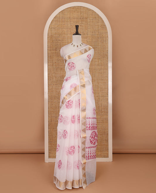 White-pink circular motifs printed mercerised cotton saree, gold zari temple  border, circular motifs printed pallu & matching zari border blouse