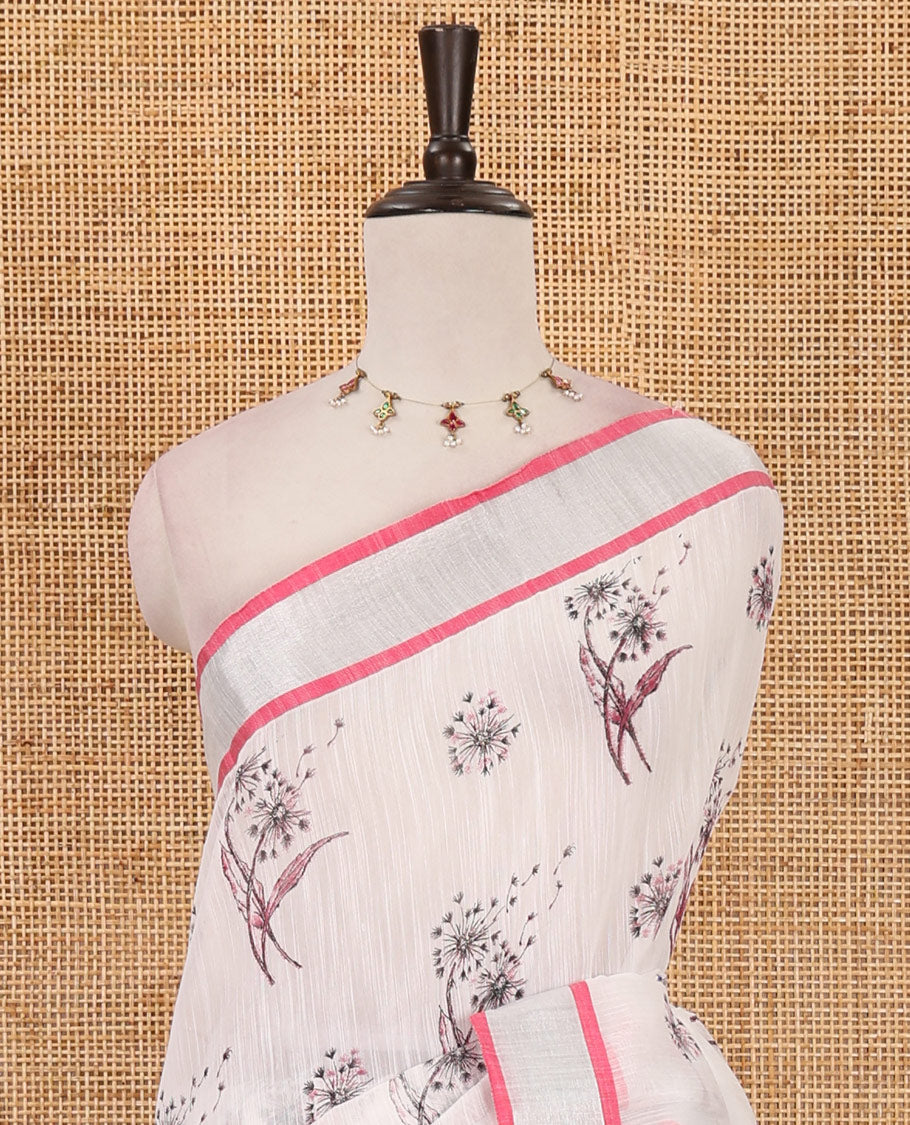 White-pink floral motifs printed Linen cotton saree, contrast Sliver zari bavanji border, floral print pallu & plain blouse