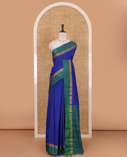 Royal blue full-plain semi-soft saree, contrast satin border of zari stripes, striped pallu & contrast plain blouse
