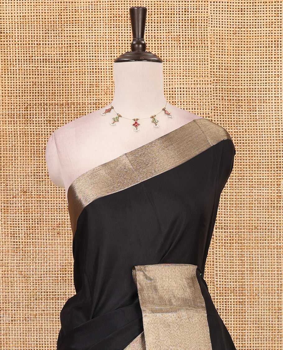 Black full-plain soft-mercerized cotton saree, zari bavanji border, striped pallu & plain blouse