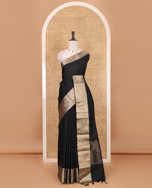 Black full-plain soft-mercerized cotton saree, zari bavanji border, striped pallu & plain blouse