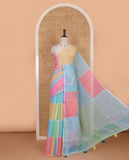 Borderless multi colour colorful big checked geometric theme printed linen saree, striped pallu and contrast plain blouse