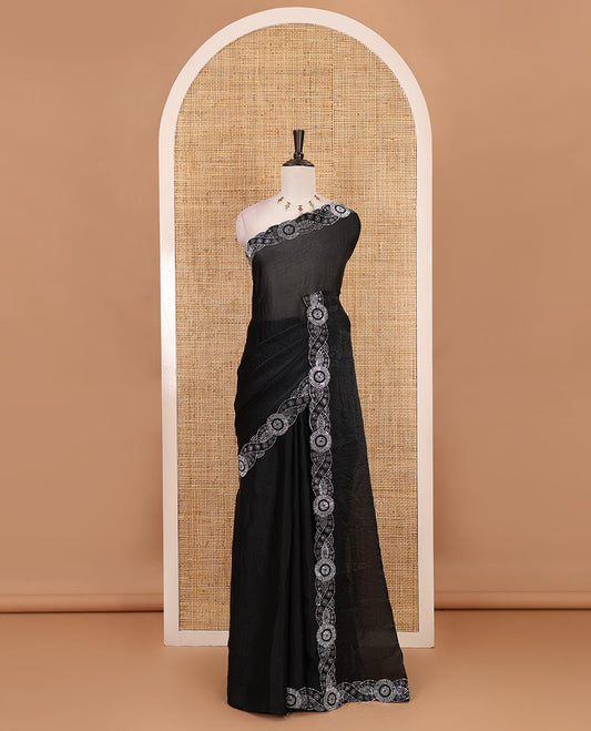 Black full-plain fendy chiffon saree, scallop swarovski stone work geometric border and contrast plain blouse