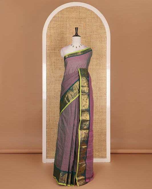 Purple plain Chettinad cotton saree, contrast  annam and rudraksham motifs zari border, striped pallu, and plain blouse