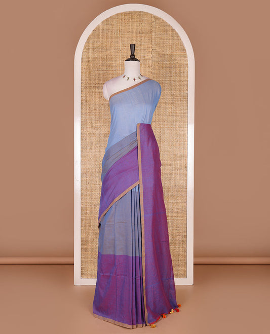 Borderless violet ombre style tri-colored plain Khadi mul cotton saree with full plain blouse