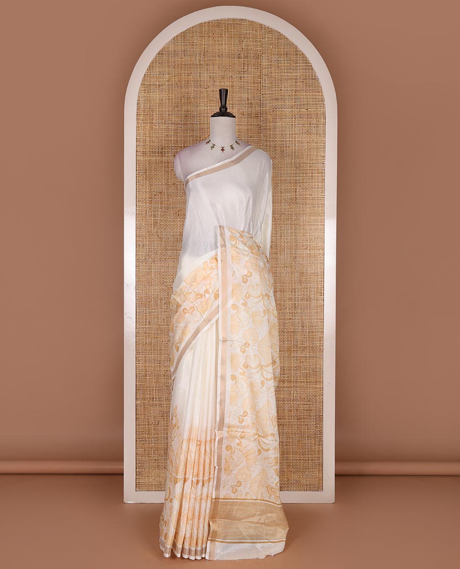 Half-white human motifs and floral printed Kerala cotton saree, zari border, striped pallu, and  matching blouse