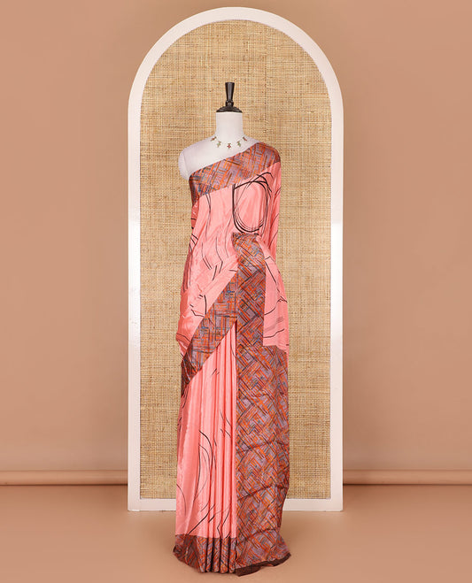 Peach abstract style geometric printed Turkey crepe saree, contrast border, and pallu of abstract textured print